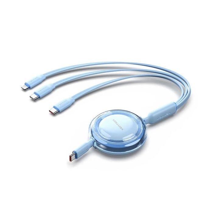 Vention Cable USB Multiple - Potencia Maxima 100W - Retractil - Longitud Ajustable hasta 1.1m - USB-A - 2xUSB-C - Lightning - Velocidad hasta 480Mbps - Color Azul