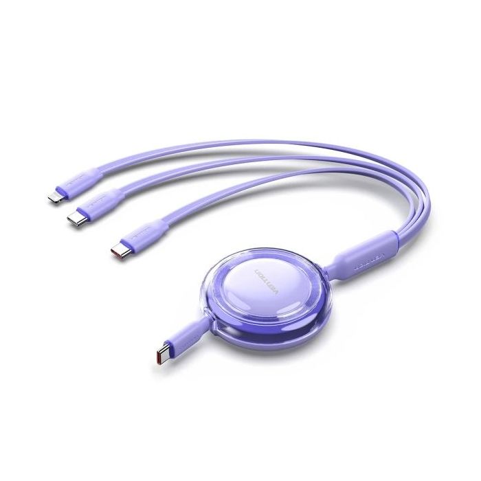 Vention Cable USB Multiple - Potencia Maxima 100W - Retractil - Longitud Ajustable hasta 1.1m - USB-A - 2xUSB-C - Lightning - Velocidad hasta 480Mbps - Color Morado