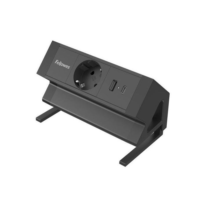 Fellowes Regleta de Sobremesa de 1 Toma - USB-A - USB-C - Cable 2m - Abrazadera para Escritorios de 10 a 45mm - 8.75x15.44x9.7cm - Color Negro