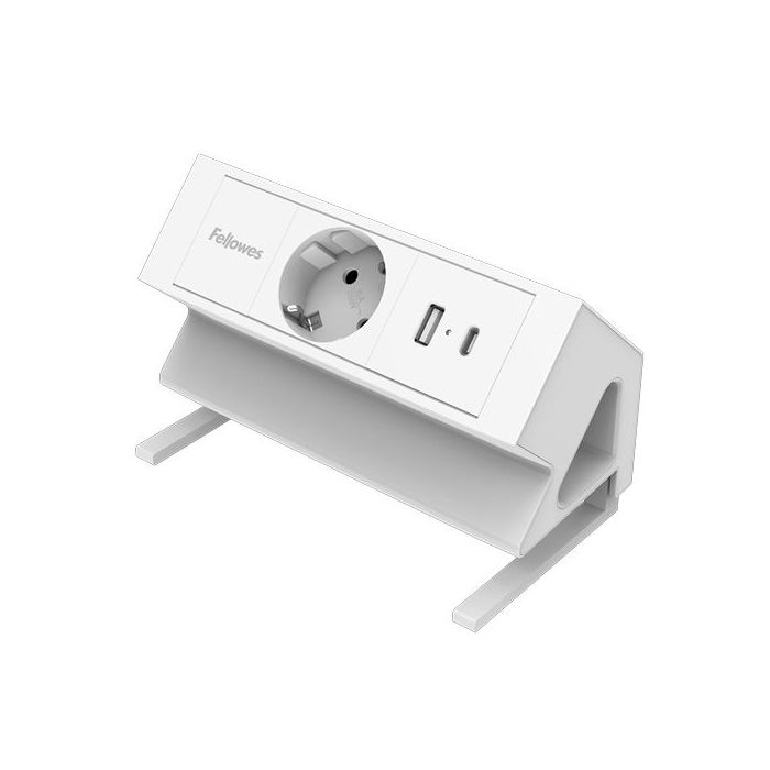 Fellowes Regleta de Sobremesa de 1 Toma - USB-A - USB-C - Cable 2m - Abrazadera para Escritorios de 10 a 45mm - 15.44x9.7x8.75cm - Color Blanco