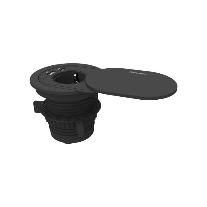 Fellowes Toma Electrica Empotrada para Orificios Pasacables de 60 y 80mm - Schuko - USB-C - Cable 2m - Tapa Protectora Deslizante - 9.15x11.5x9.03cm - Color Negro