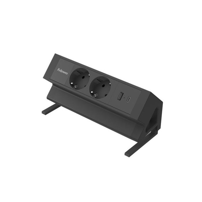 Fellowes Regleta de Sobremesa de 2 Tomas - USB-A - USB-C - Cable 2m - Abrazadera para Escritorios de 10 a 45mm - 8.75x19.64x9.7cm - Color Negro