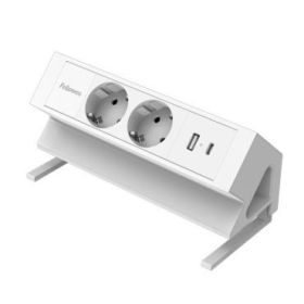 Fellowes Regleta de Sobremesa de 2 Tomas - USB-A - USB-C - Cable 2m - Abrazadera para Escritorios de 10 a 45mm - 19.64x9.7x8.75cm - Color Blanco