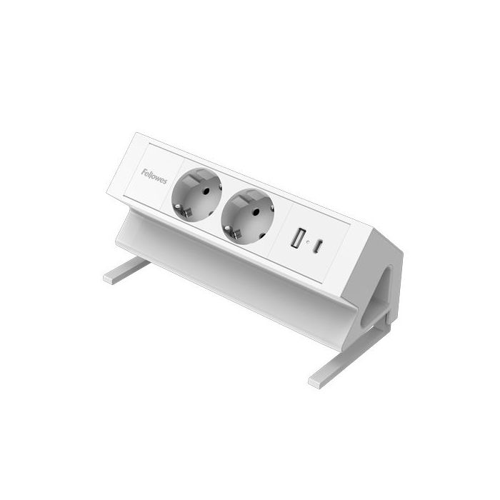 Fellowes Regleta de Sobremesa de 2 Tomas - USB-A - USB-C - Cable 2m - Abrazadera para Escritorios de 10 a 45mm - 19.64x9.7x8.75cm - Color Blanco