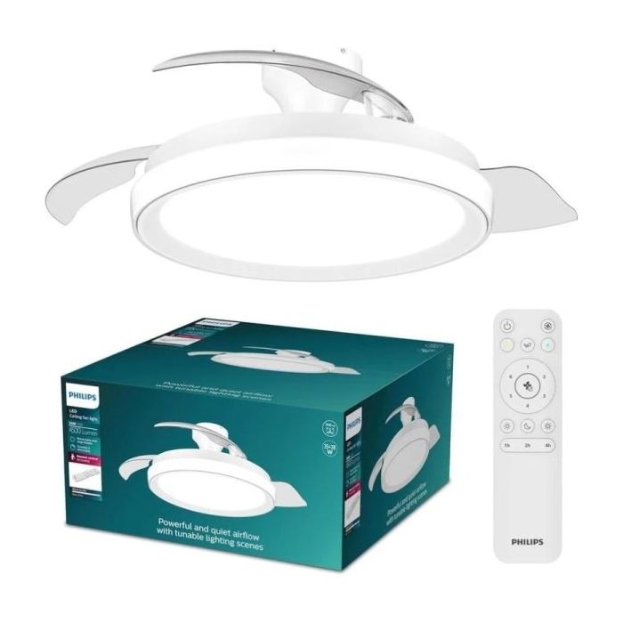 Philips Bliss DC Fan Ceiling Ventilador de Techo con Luz LED Hasta 6500K - Aspas Retractiles - 35W Ventilador + 28W Luz - Mando a Distancia - Color Blanco