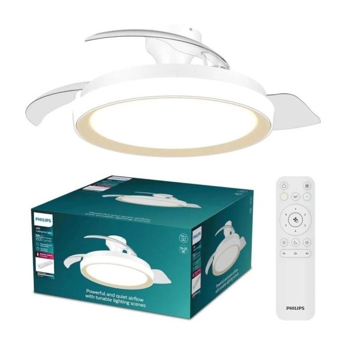 Philips Bliss DC Fan Ceiling Ventilador de Techo con Luz LED Hasta 6500K - Aspas Retractiles - 35W Ventilador + 28W Luz - Mando a Distancia - Color Blanco/Dorado