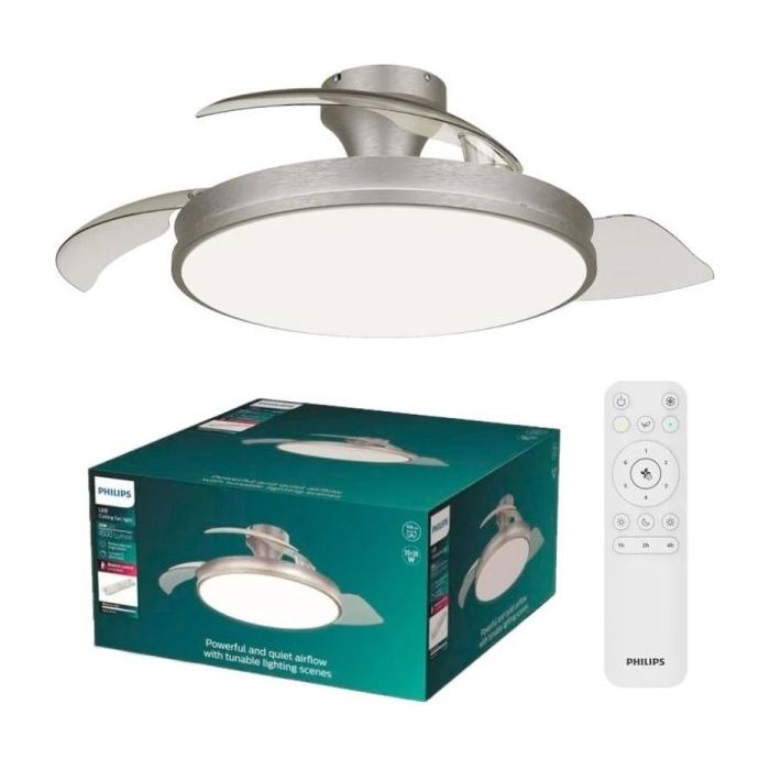 Philips Atlas DC Fan Ceiling Ventilador de Techo con Luz LED Hasta 6500K - Aspas Retractiles - 35W Ventilador + 28W Luz - Mando a Distancia - Color Niquel