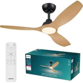 Philips Olas Fan Ceiling Ventilador de Techo con Luz LED Hasta 6500K - Aspas Fijas - 35W Ventilador + 24W Luz - Mando a Distancia - Color Negro/Madera