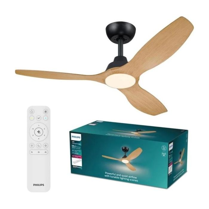 Philips Olas Fan Ceiling Ventilador de Techo con Luz LED Hasta 6500K - Aspas Fijas - 35W Ventilador + 24W Luz - Mando a Distancia - Color Negro/Madera