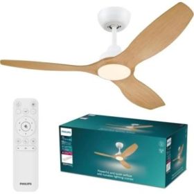 Philips Olas Fan Ceiling Ventilador de Techo con Luz LED Hasta 6500K - Aspas Fijas - 35W Ventilador + 24W Luz - Mando a Distancia - Color Blanco/Madera
