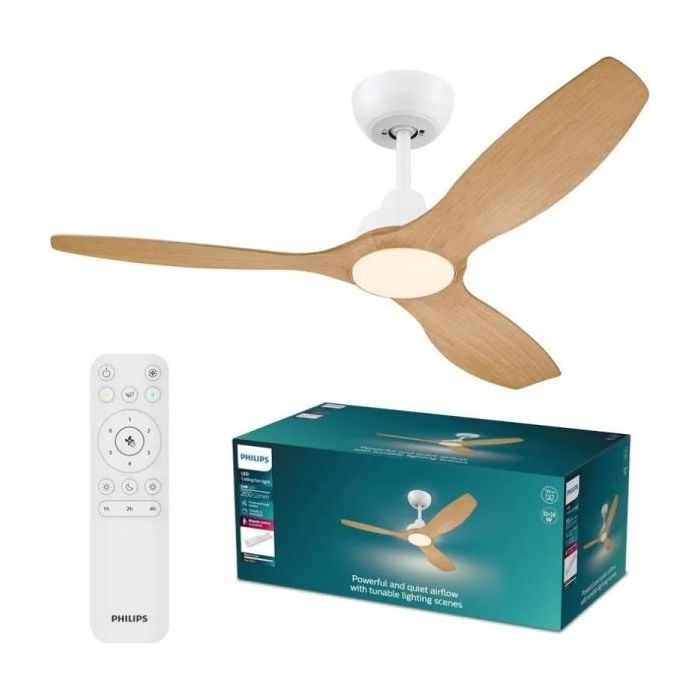 Philips Olas Fan Ceiling Ventilador de Techo con Luz LED Hasta 6500K - Aspas Fijas - 35W Ventilador + 24W Luz - Mando a Distancia - Color Blanco/Madera