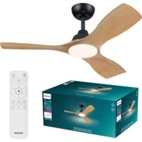 Philips Olas Fan Ceiling Ventilador de Techo con Luz LED Hasta 6500K - Aspas Fijas - 30W Ventilador + 24W Luz - Mando a Distancia - Color Negro/Madera