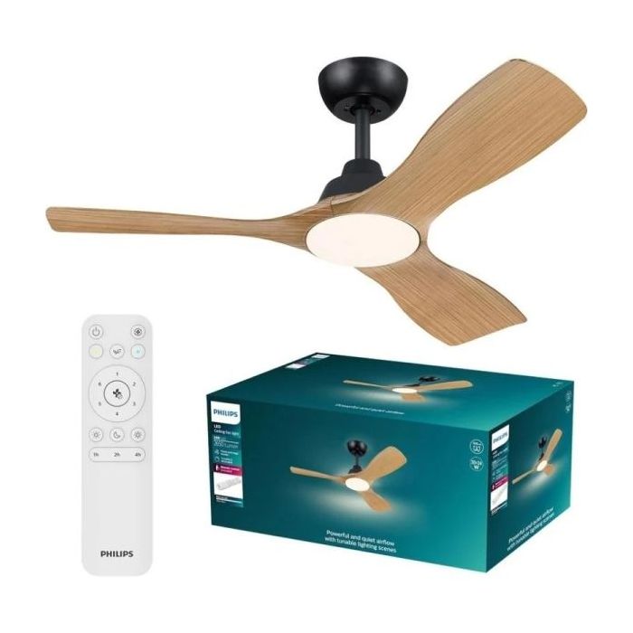 Philips Olas Fan Ceiling Ventilador de Techo con Luz LED Hasta 6500K - Aspas Fijas - 30W Ventilador + 24W Luz - Mando a Distancia - Color Negro/Madera