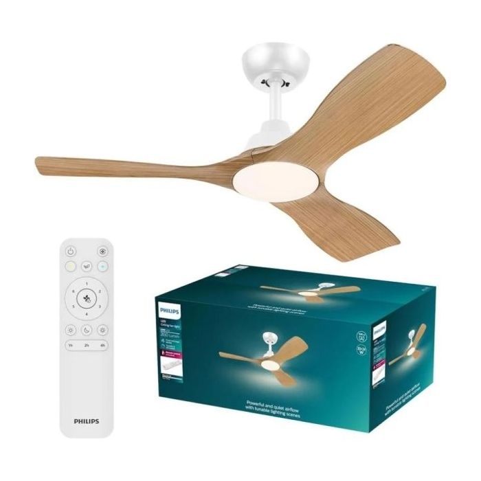 Philips Olas Fan Ceiling Ventilador de Techo con Luz LED Hasta 6500K - Aspas Fijas - 30W Ventilador + 24W Luz - Mando a Distancia - Color Blanco/Madera