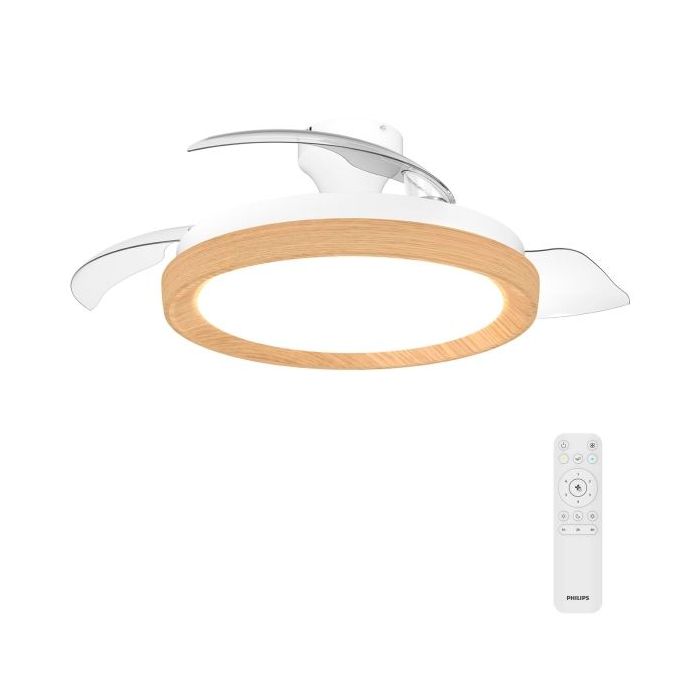 Philips Bliss DC Fan Ceiling Ventilador de Techo con Luz LED Hasta 6500K - Aspas Retractiles - 35W Ventilador + 28W Luz - Mando a Distancia - Color Blanco/Madera