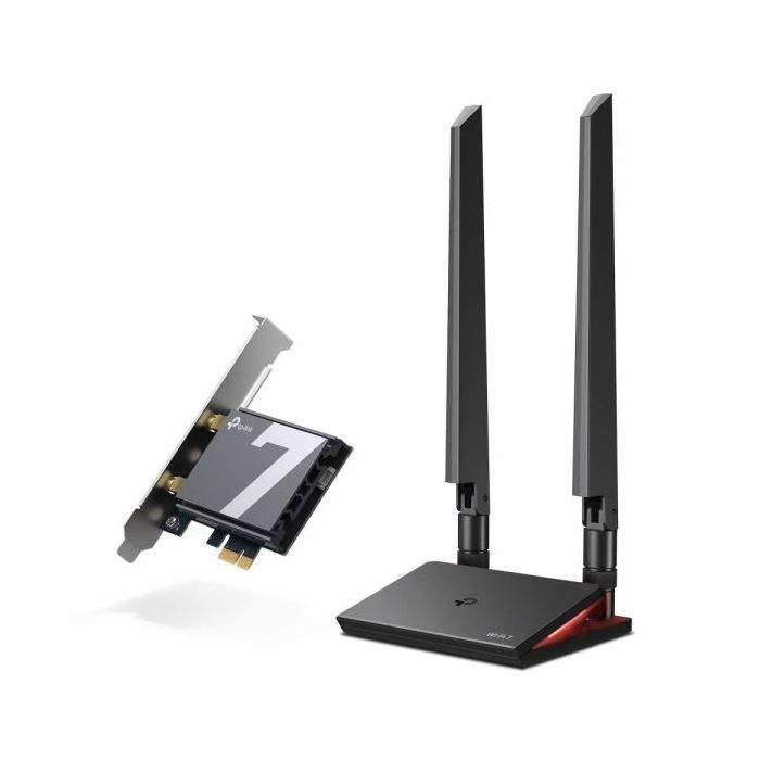 TP-Link Archer TBE550E Adaptador de Red PCI - Base con LED - Bluetooth - Velocidad 9.3Gbps - WiFi 7 Tribanda - 2 Antenas Multidireccionales - Seguridad Avanzada - Color Negro