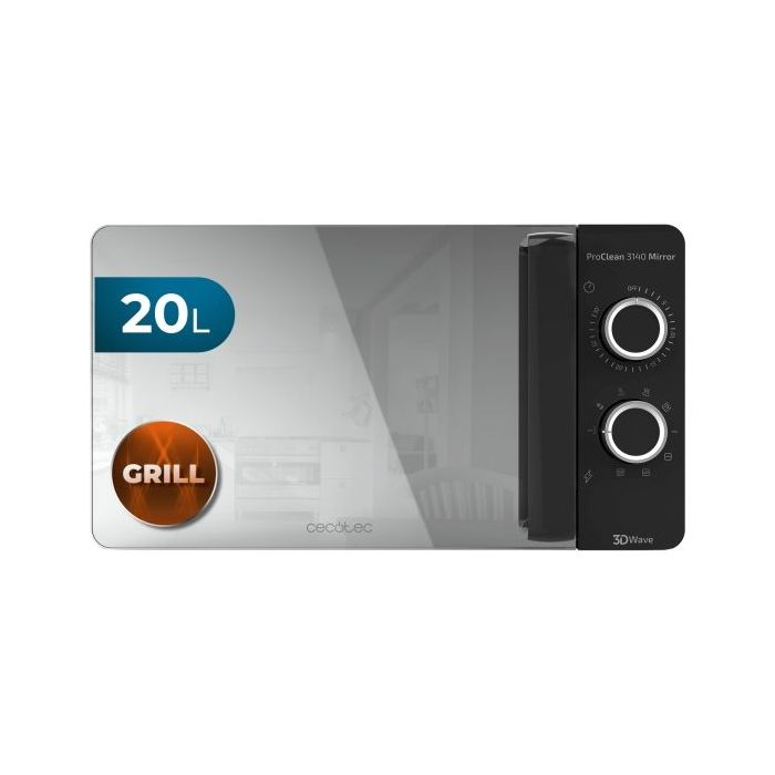 Cecotec Proclean 3140 Mirror Microondas - 700W - Capacidad 20L - Grill de 800W - Tecnologia 3DWave - Modo Descongelar - 6 Niveles - Avisador Acustico - Color Negro