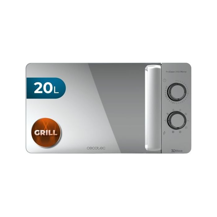 Cecotec Proclean 3160 Mirror Microondas - 700W - Capacidad 20L - Grill de 800W - Tecnologia 3DWave - Modo Descongelar - 6 Niveles - Avisador Acustico - Color Acero