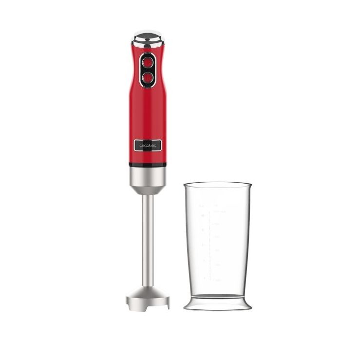 Cecotec Power RetroRed 1200Max Batidora de Mano - 1200W - Vaso de 0.5L - Campana Antisalpicadura - 4 Hojas Recubiertas de Titanio - Velocidad Ajustable - Color Rojo