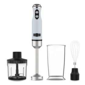 Cecotec Power RetroBlue 1200Max Cream and Crush Batidora de Mano - 1200W - Vaso de 0.5L - Accesorios Multifuncion - Campana Antisalpicadura - 4 Hojas Recubiertas de Titanio - Color Azul Claro Pastel