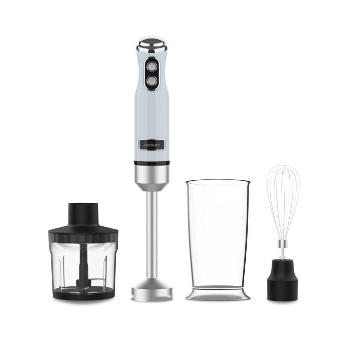 Cecotec Power RetroBlue 1200Max Cream and Crush Batidora de Mano - 1200W - Vaso de 0.5L - Accesorios Multifuncion - Campana Antisalpicadura - 4 Hojas Recubiertas de Titanio - Color Azul Claro Pastel