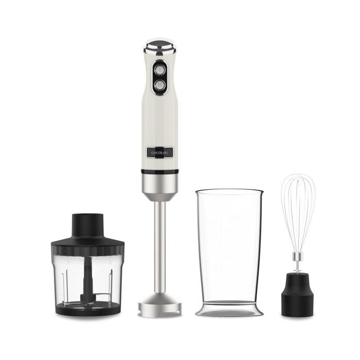 Cecotec Power RetroBeige 1200Max Cream and Crush Batidora de Mano - 1200W - Vaso de 0.5L - Accesorios Multifuncion - Campana Antisalpicadura - 4 Hojas Recubiertas de Titanio - Color Beige
