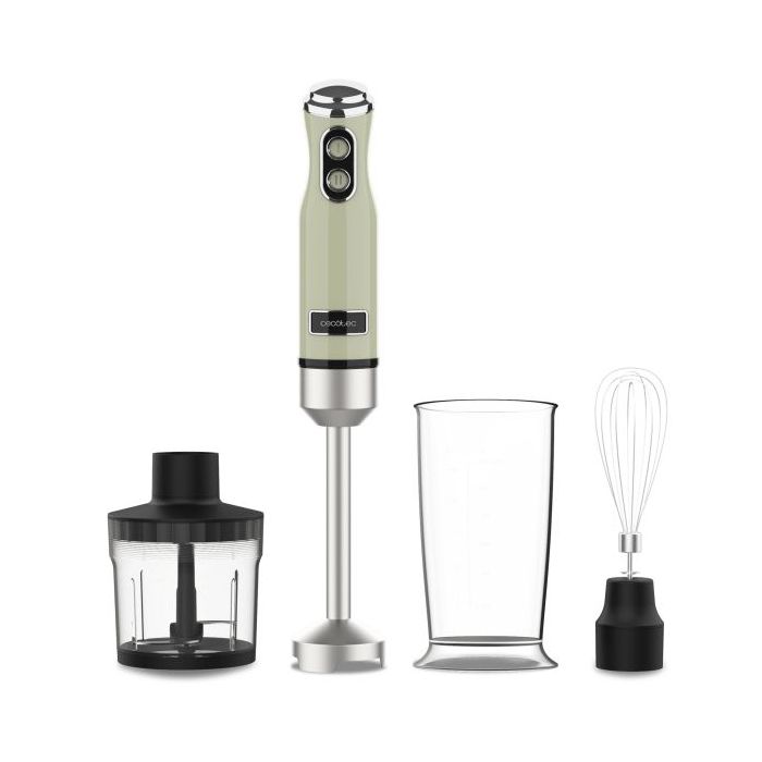 Cecotec Power RetroGreen 1200Max Cream and Crush Batidora de Mano - 1200W - Vaso de 0.5L - Accesorios Multifuncion - Campana Antisalpicadura - 4 Hojas Recubiertas de Titanio - Color Verde Claro