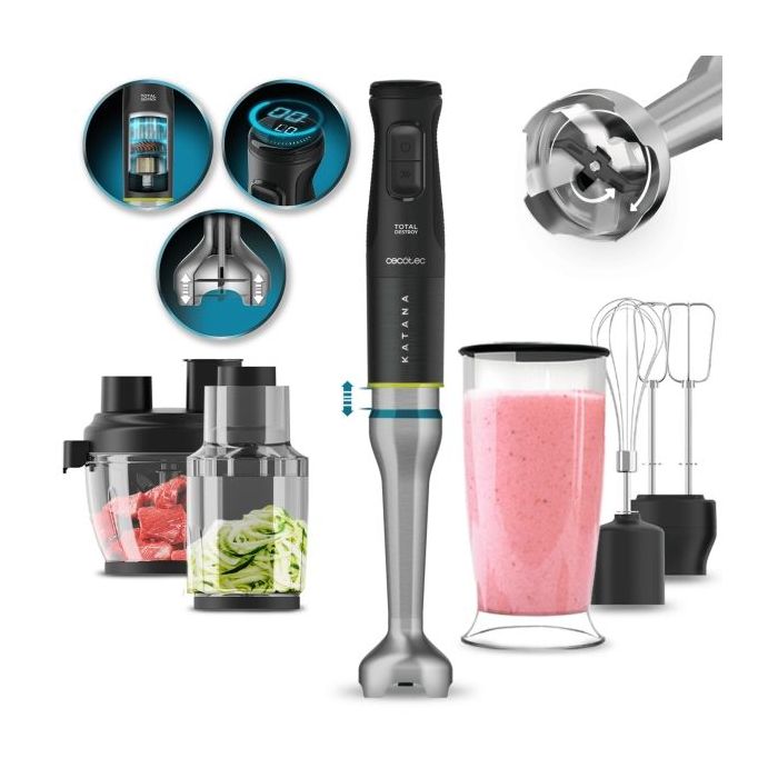 Cecotec Katana 15 TotalDestroy Full B Screen Batidora de Mano - 1500W - Vaso de 0.8L - Accesorios Multifuncion - Campana Antisalpicadura - 4 Hojas Recubiertas de Titanio - Color Negro y Plata