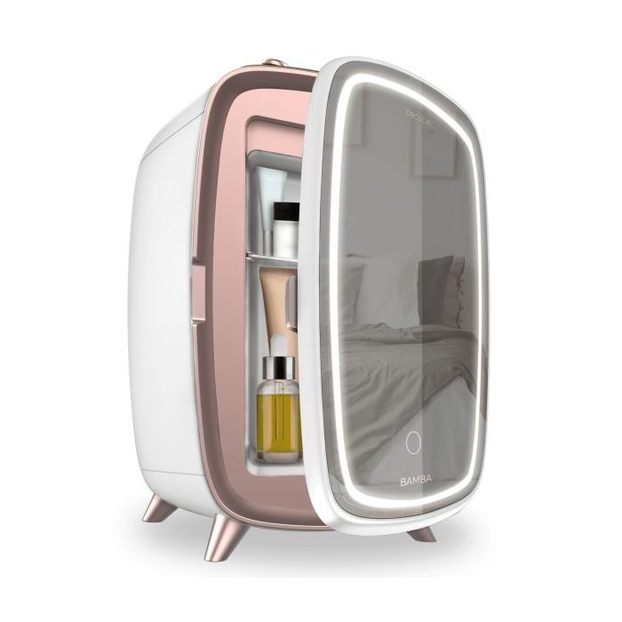 Cecotec CoolingBeauty 6000 Mirror Nevera para Cosmeticos con Espejo - 6L - Luz LED con 3 Intensidades - Silencioso - Enfriamiento hasta 10ºC - Asa Superior - Color Blanco y Rosa