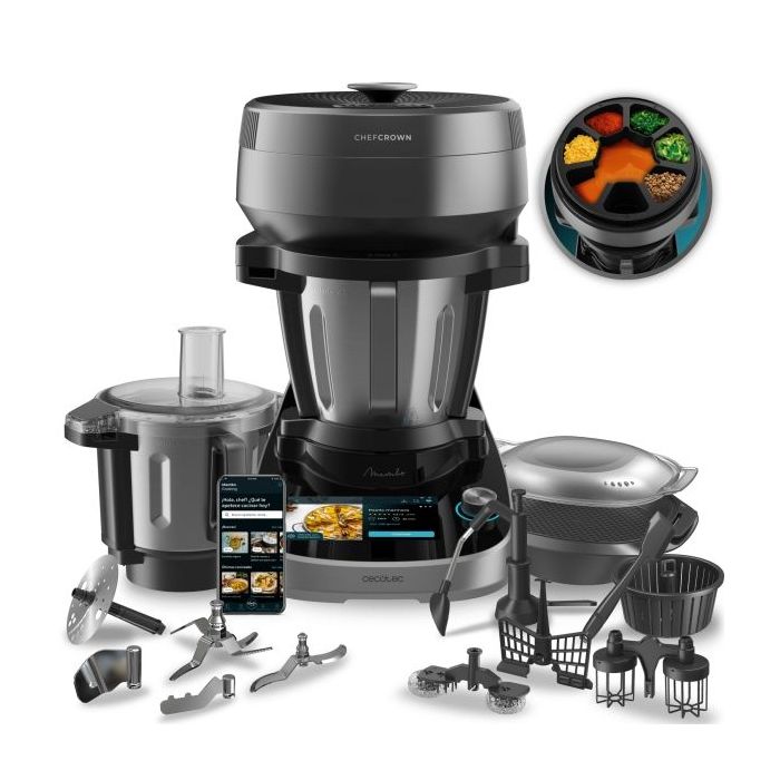 Cecotec Mambo CooKing TotalGourmet Robot de Cocina con Dispensador de Alimentos Automatico - 2200W - Recetario - Accesorios Multifuncion - Pantalla Tactil - Control con App - Color Gris y Negro