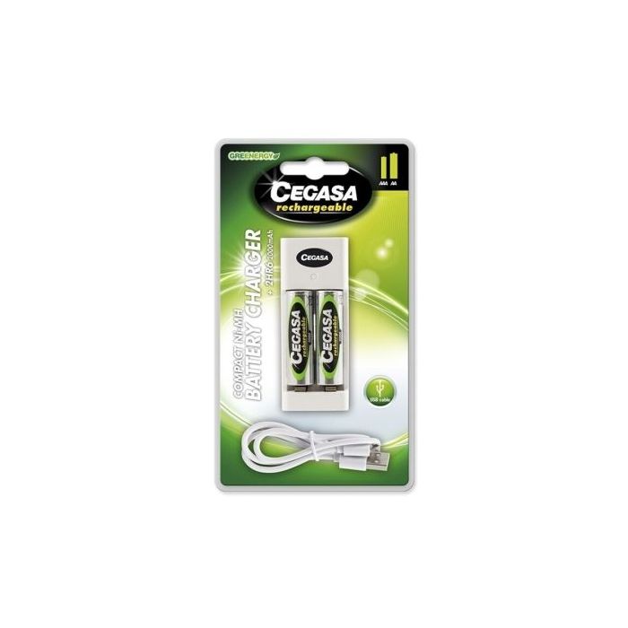Cegasa Rechargeable Pack con Cargador Compacto de Pilas y Cable USB + 2 Pilas Recargables AA HR6 2000mAh - Cargador Apto para AA y AAA