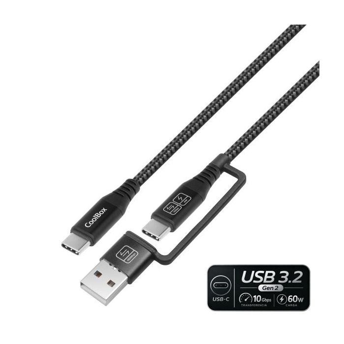 CoolBox Cable USB-C a USB-C 3.2 con Adaptador a USB-A  - 60W - Longitud 1,8m - Color Negro