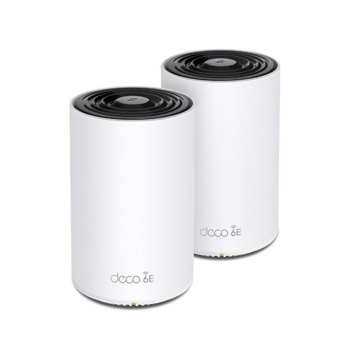 TP-Link Deco XE75 Pack de 2 Sistemas WiFi Mesh - Tribanda - Velocidad hasta 5.4Gbps - WiFi 6E - Ethernet 1Gbps - Cobertura hasta 510m2 - VPN - Color Blanco y Negro
