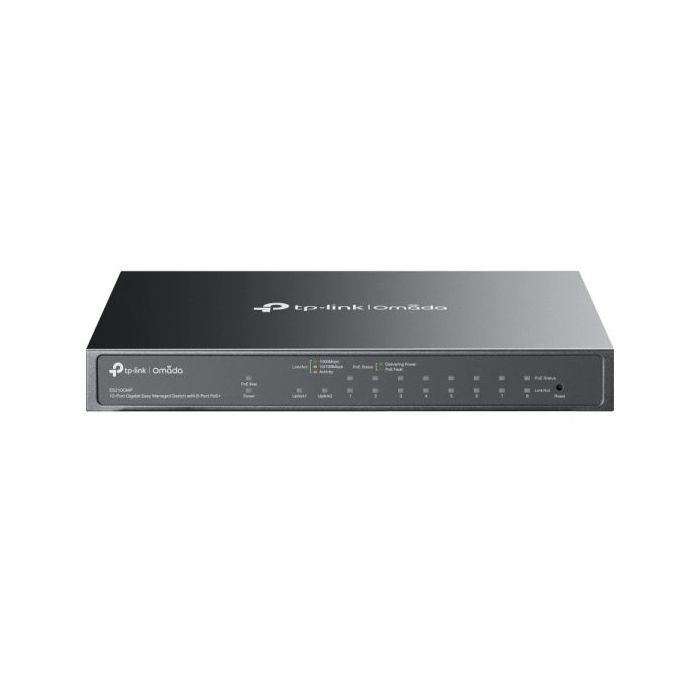 TP-Link Omada ES210GMP Switch 10 Puertos - Alcance hasta 250m con Cable - 8xRJ45 PoE+ 1Gbps - 1xRJ45 1Gbps - 1xRJ45/SFP Combo - Soporta QOS - Conmutacion hasta 20Gbps - Color Negro