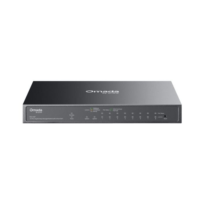 TP-Link Omada ES210GP Switch con 10 Puertos - Gestionado - 8xRJ45 PoE+ 1Gbps - 1xRJ45 1Gbps - 1xRJ45/SFP Combo - Plug and Play - Soporta QOS - Carcasa Metalica - Color Negro
