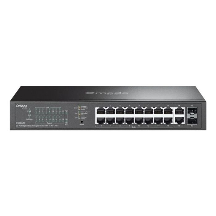 TP-Link Omada ES220GP Switch 20 Puertos - Gestionado - 18xRJ45 PoE+ 1Gbps - 2xSFP 1Gbps - Soporta QOS - Conmutacion hasta 40Gbps - Carcasa Metalica - Color Negro