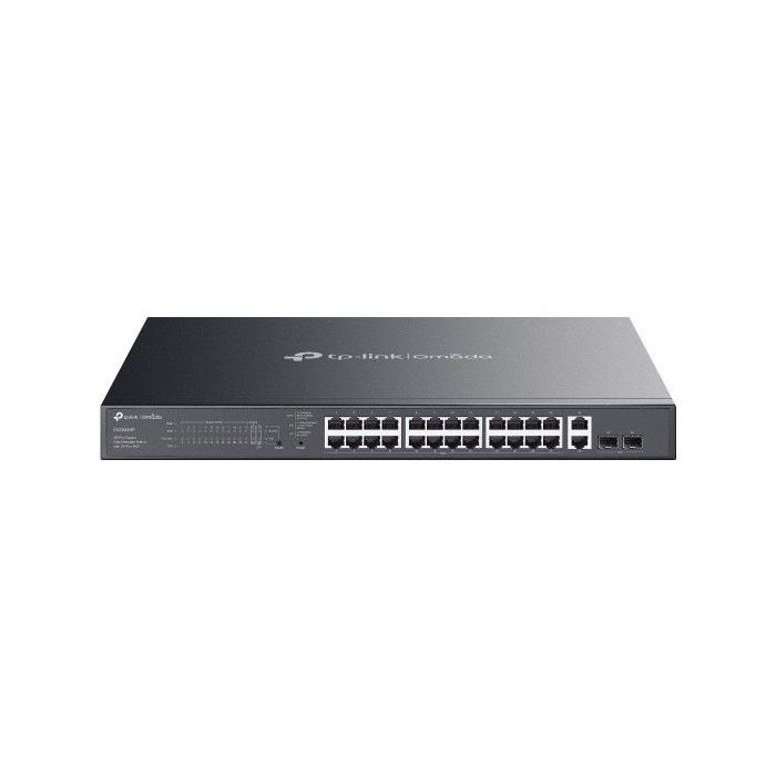 TP-Link Omada ES228GMP Switch 28 Puertos - Gestionado - 24xRJ45 PoE+ 1Gbps - 2xRJ45 1Gbps - 2xSFP - Soporta QOS - 2 Ventiladores Internos - Plug and Play - Carcasa Metalica - Color Negro