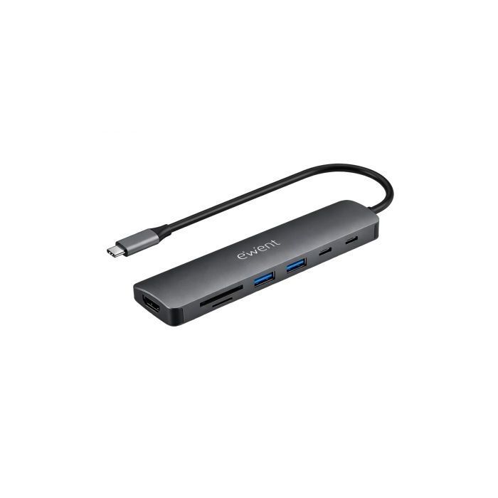 Ewent USB-C Dock 7 en 1 - 1x USB-C, 2x USB-A 3.2 Gen1, 1x HDMI 4K/60Hz, 1x SD/TF 2.0, 1x MicroSD, 1x USB-C PD 100W - Color Gris