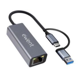 Ewent Adaptador de Red USB-C + USB-A a Ethernet Gigabit 10/100/1000 Mbps - 15 cm - Color Gris