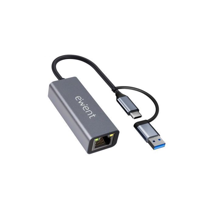 Ewent Adaptador de Red USB-C + USB-A a Ethernet Gigabit 10/100/1000 Mbps - 15 cm - Color Gris