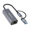 Ewent Adaptador de Red USB-C + USB-A a Ethernet Gigabit 10/100/1000 Mbps - 15 cm - Color Gris