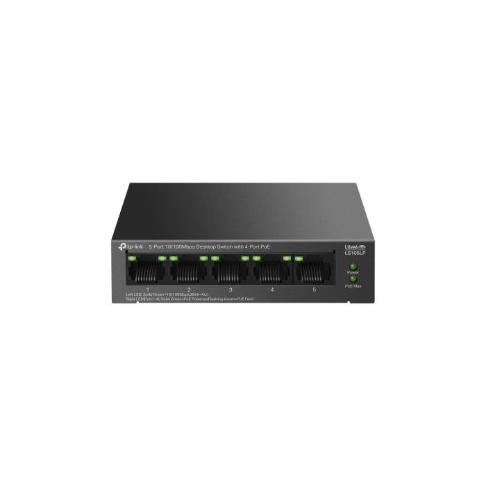 TP-Link LS105LP LiteWave Switch 5 Puertos - No Administrado - 4xRJ45 PoE 100Mbps - 1xRJ45 100Mbps - Recuperacion Automatica - Color Negro