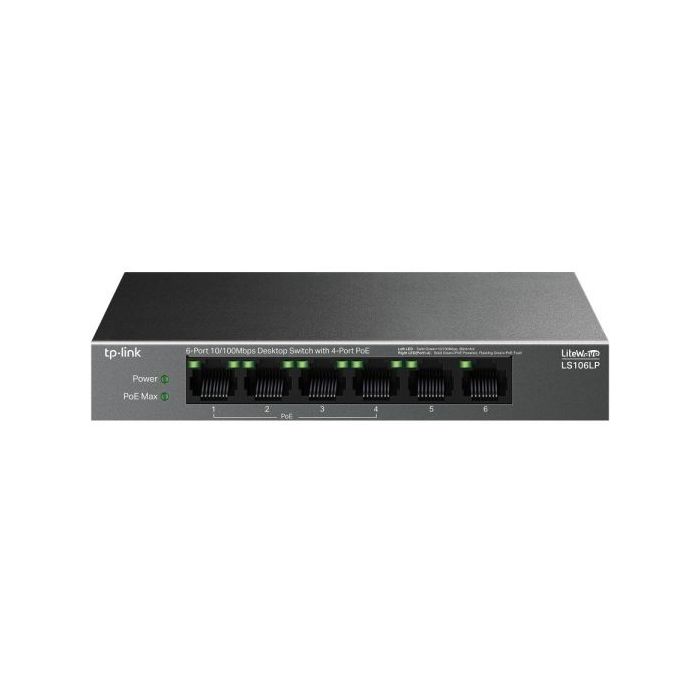 TP-Link LS106LP LiteWave Switch 6 Puertos RJ45 100Mbps - No Administrado - 4x PoE - Recuperacion Automatica - Carcasa Metalica - Color Negro