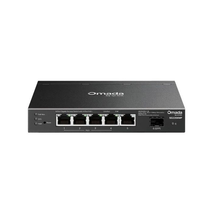 TP-Link Omada SG2206MP Switch 5 Puertos - Capa 2 - 4xRJ45 PoE+ 1Gbps - 1xRJ45 1Gbps - Soporta QOS - Conmutacion hasta 12Gbps - Carcasa Metalica - Color Negro