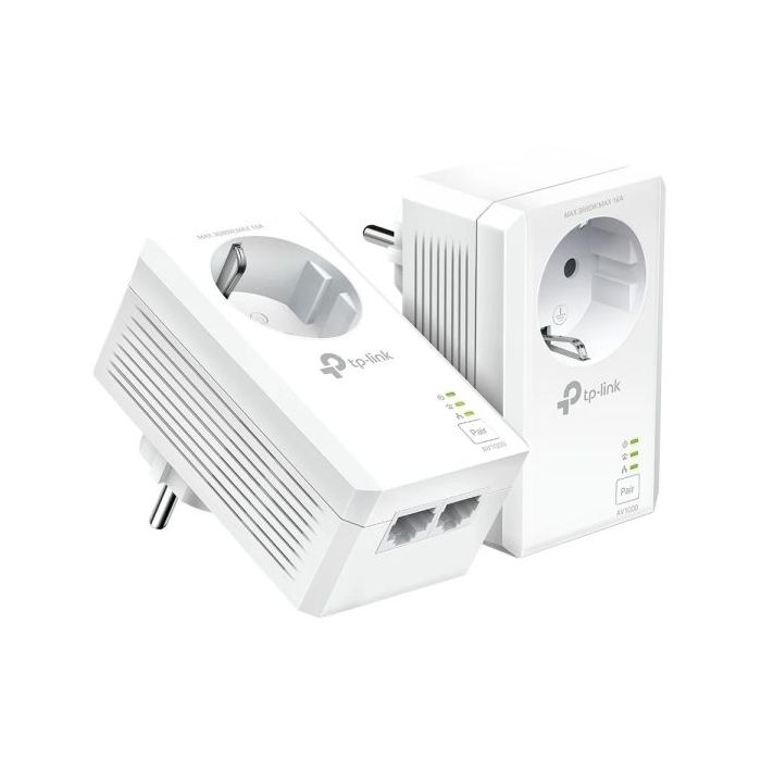 TP-Link TL-PA7027P KIT Pack de 2 Adaptadores Powerline - Velocidad hasta 1Gbps - Cobertura hasta 300m - Toma de Corriente Integrada - 2 Puertos Ethernet - Plug and Play - Color Blanco