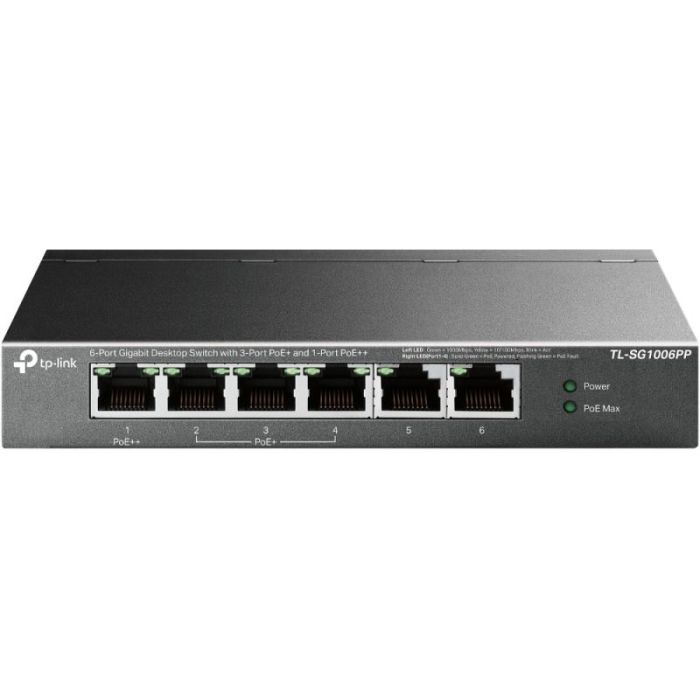 TP-Link TL-SG1006PP Switch 6 Puertos RJ45 1Gbps - No Administrado - 1x PoE++ - 3x PoE+ - Soporta QOS - Recuperacion Automatica - Conmutacion hasta 12Gbps - Color Negro