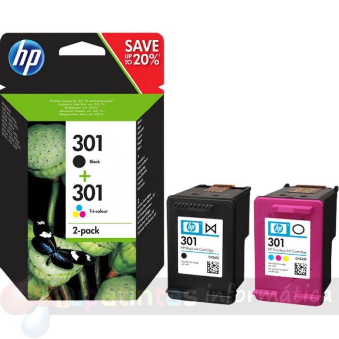 HP 301 Negro + Color Pack de 2 Cartuchos de Tinta Originales - N9J72AE