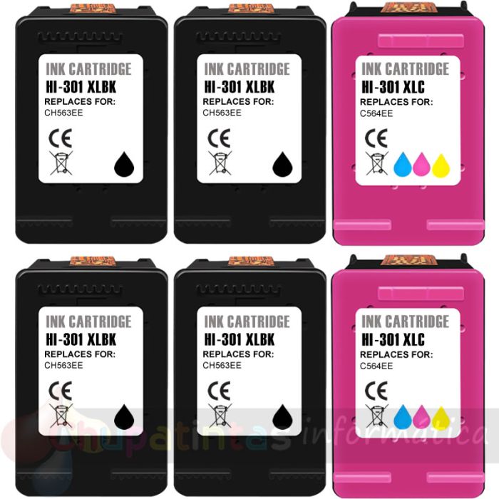 HP 301XL Negro + Color Pack de 6 Cartuchos de Tinta Remanufacturados