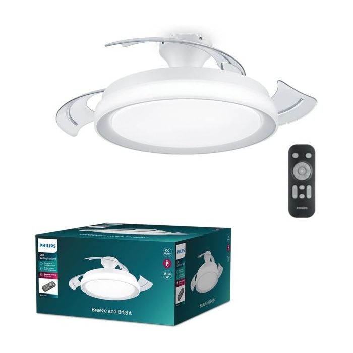 Philips Bliss DC Fan Ceiling Ventilador de Techo con Luz LED Hasta 6500K - Aspas Retractiles - 35W Ventilador + 28W Luz - Sparkle -  Mando a Distancia - Color Blanco