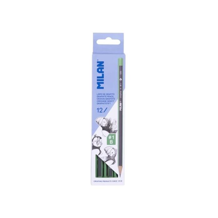 Milan Pack de 12 Lapices de Grafito Triangulares - Mina B  1 de 2mm - Resistente a la Rotura - Para Escritura y Dibujo